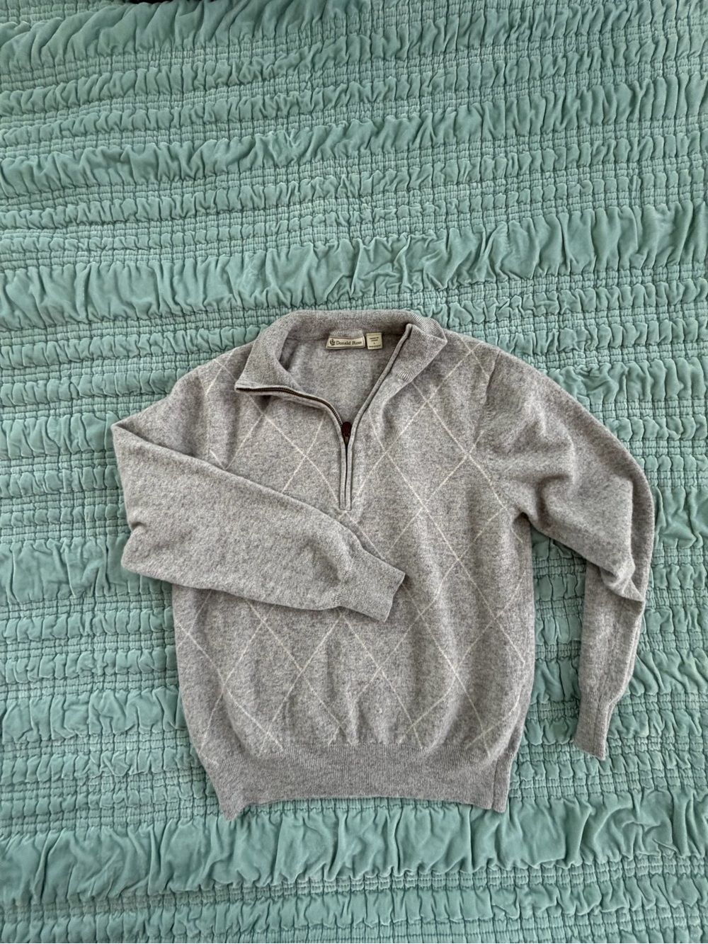 Donald Ross Men's Gray Half-Zip 100% Lambs Wool Argyle Sweater-Large